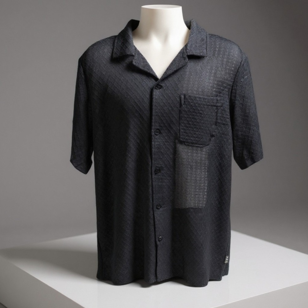 PX Mens L Black Textured Button-Up Shirt Short Sleeve Casual Summer NWT Top